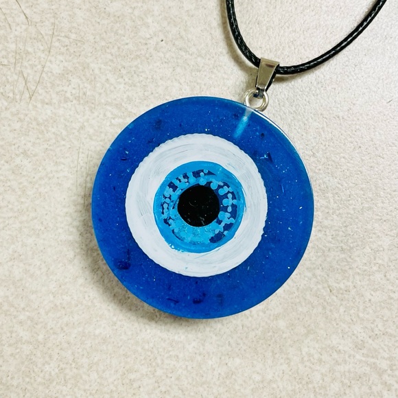 Light Blue Evil Eye Protection Necklace, Black Wax Cord - Picture 3 of 4